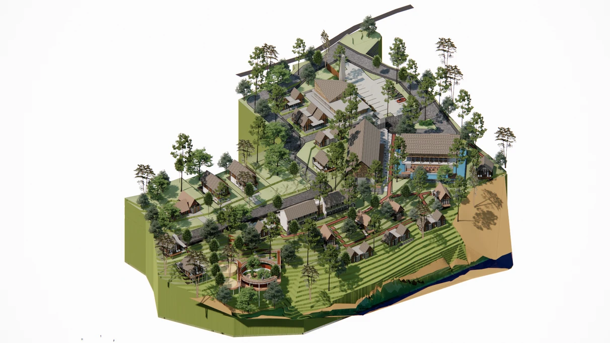Render isometrik kawasan Kampoong Ecopreneur dari sisi masjid dan menara
