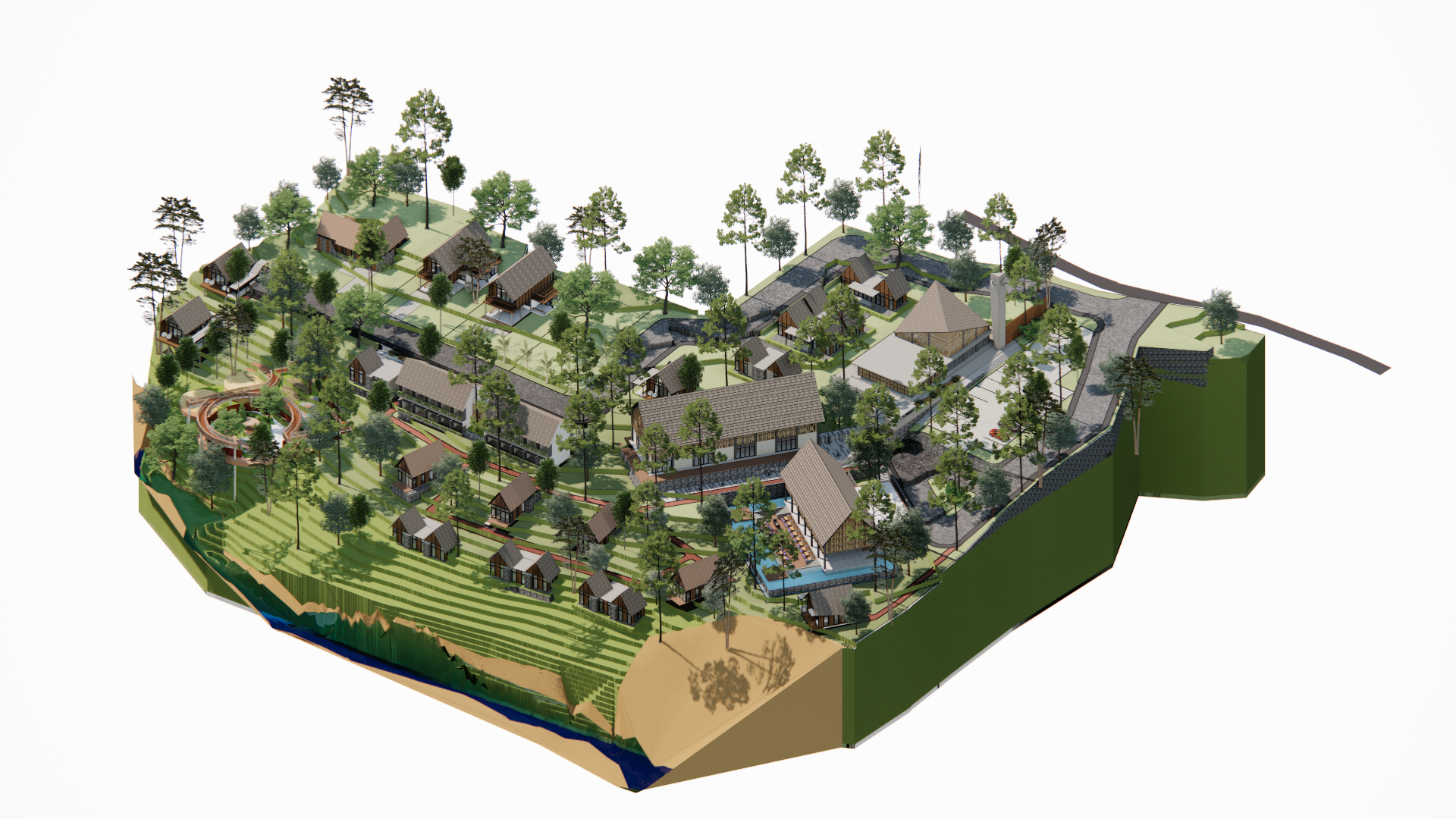 Render isometrik kawasan Kampoong Ecopreneur dari sisi plaza dan sawah