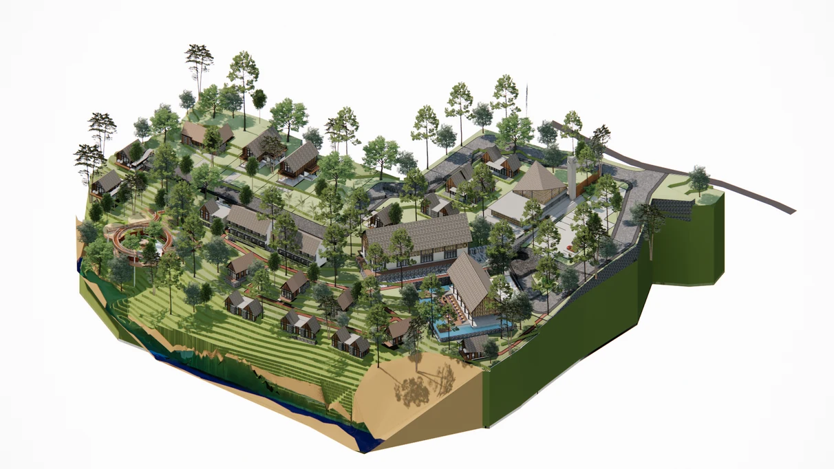 Render isometrik kawasan Kampoong Ecopreneur dari sisi plaza dan sawah